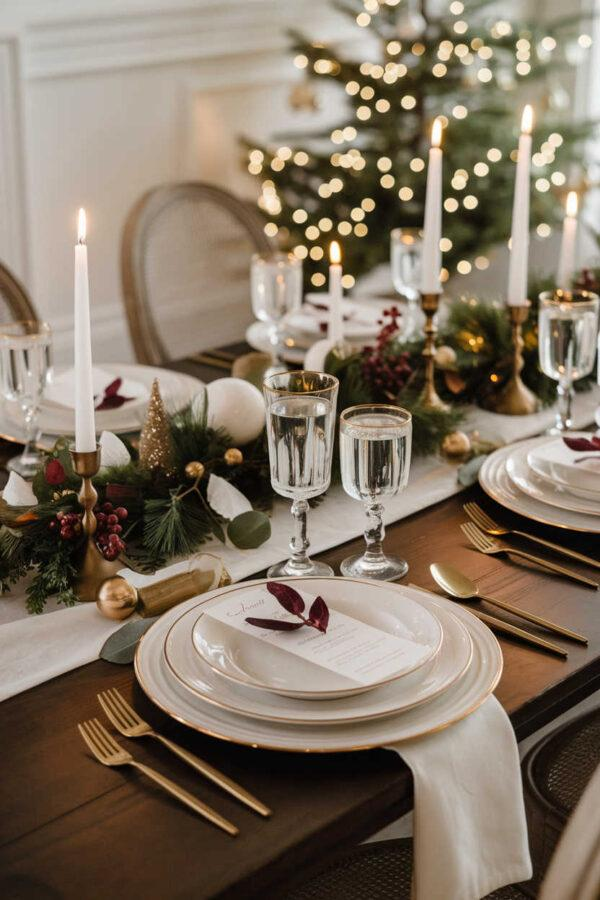 Elegant holiday dining table set with white plates, gold flatware, and crystal glasses.