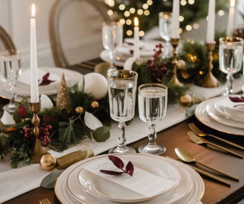 Elegant holiday dining table set with white plates, gold flatware, and crystal glasses.