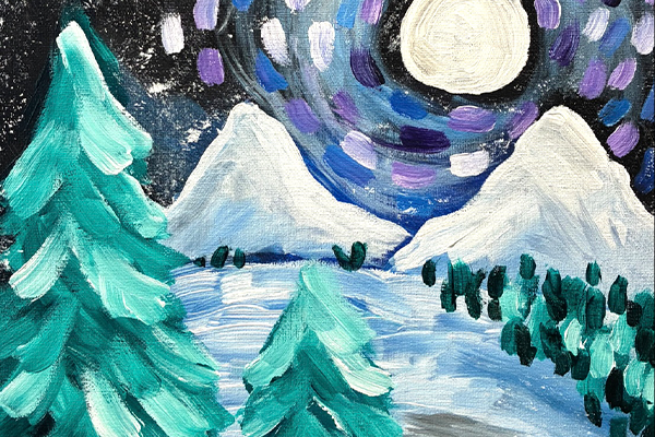 Colorful winter landscape painting featuring snow-covered mountains under a starry night sky with swirling purple, blue, and white brushstrokes around a glowing full moon.