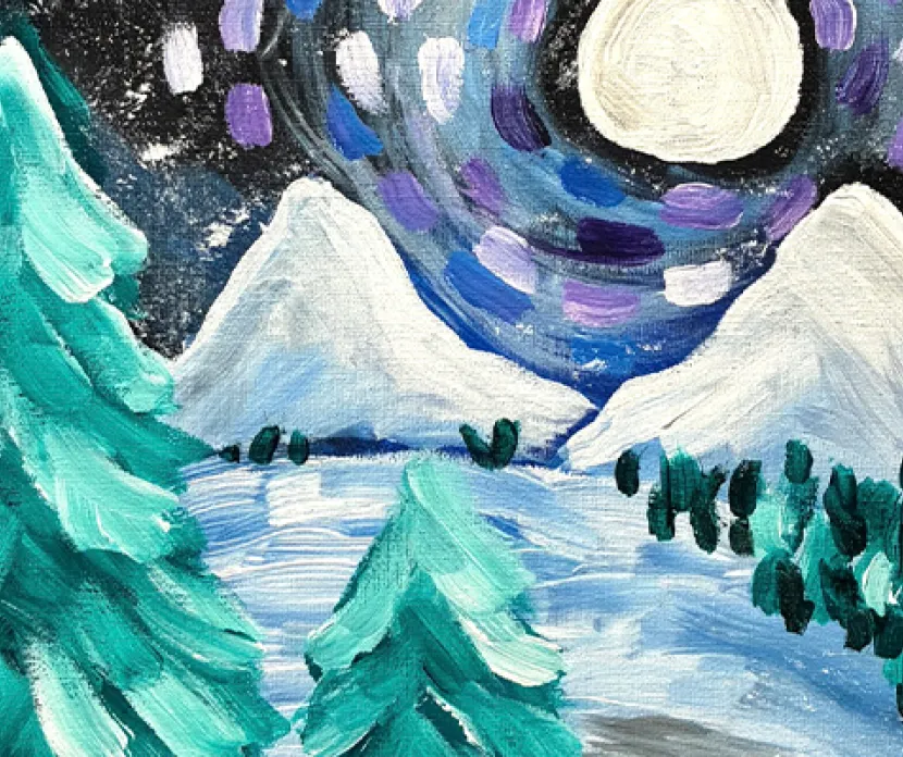 Colorful winter landscape painting featuring snow-covered mountains under a starry night sky with swirling purple, blue, and white brushstrokes around a glowing full moon.