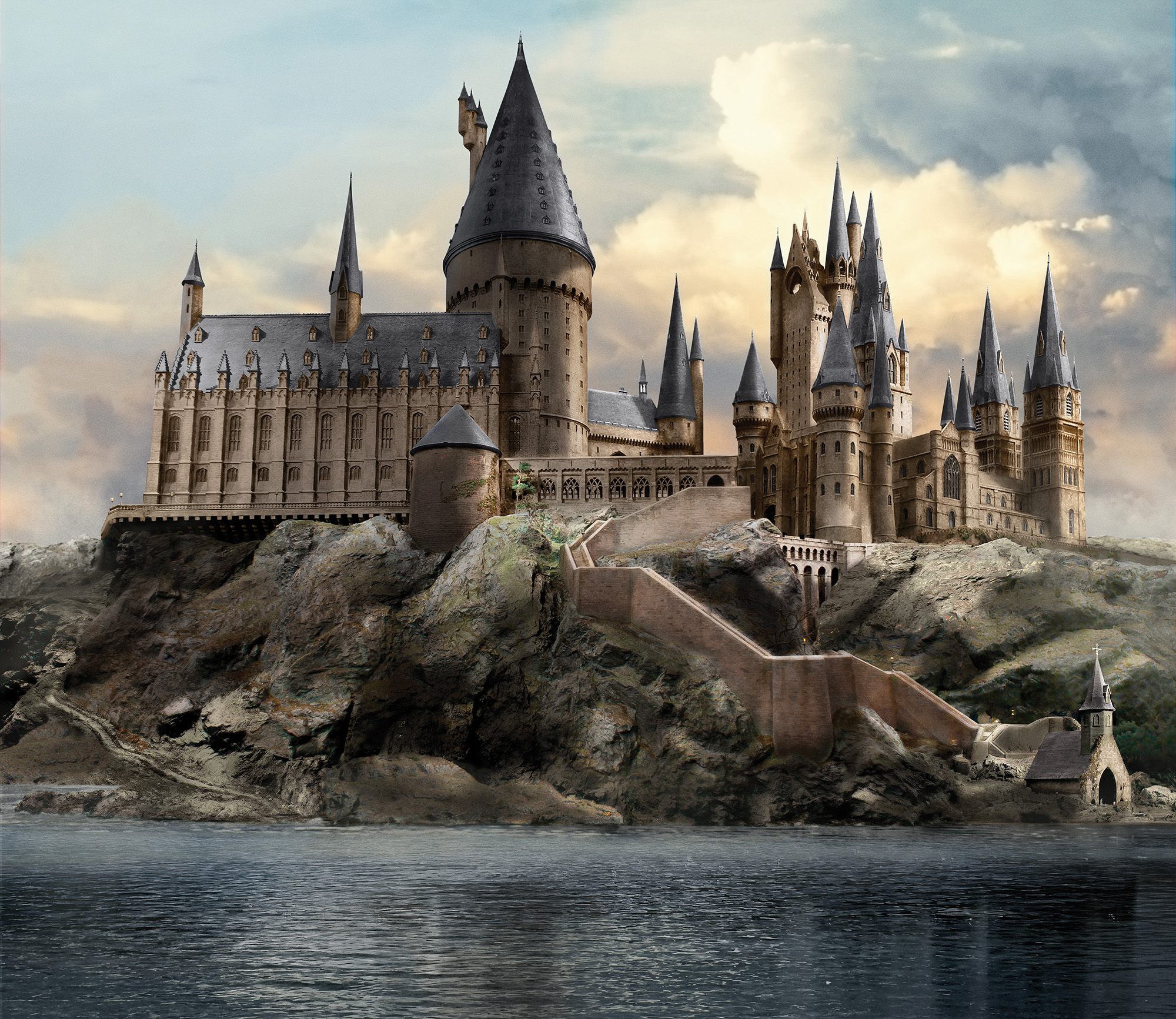 Large magical stone castle with tall pointed towers and spires, built on a rugged cliff overlooking a calm lake at sunset, resembling a fantasy school of wizardry.
